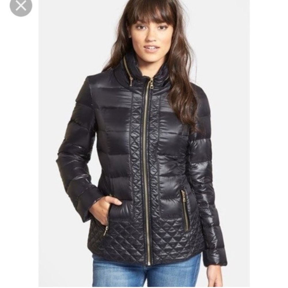 Sam Edelman Black Puffer Jacket with Quilted Design and Stand-Up Collar